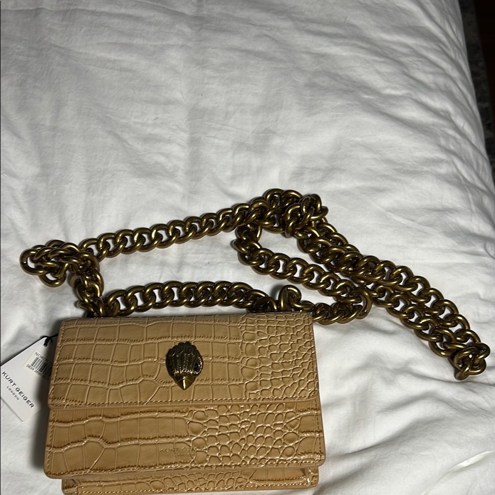 Kurt Geiger Tan Croc-Embossed Crossbody Bag with Gold Chain
